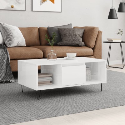 Mesa de centro madera contrachapada blanco brillo 90x50x36,5 cm