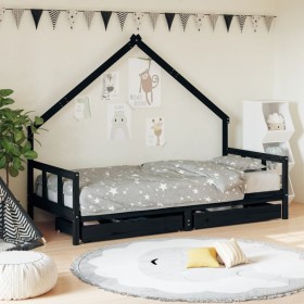 Estructura cama infantil y cajones madera pino negro 90x190 cm