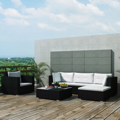 Set muebles de jardín y cojines 6 piezas ratán sintético negro