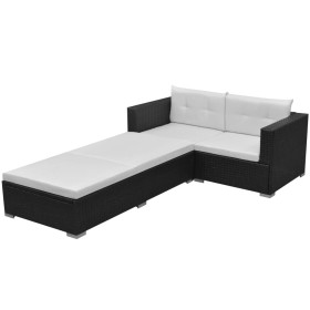 Set de muebles de jardín 3 piezas y cojines ratán sintético negro