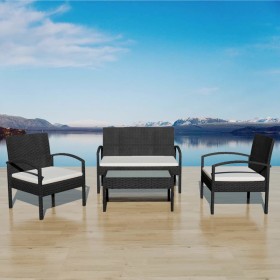 Set muebles de jardín 4 piezas y cojines ratán sintético negro