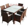 Set comedor de jardín 7 piezas y cojines ratán sintético marrón