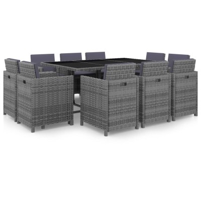 Set de comedor de jardín 11 pzas y cojines ratán sintético gris