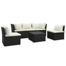 Set muebles de jardín y cojines 4 piezas ratán sintético marrón