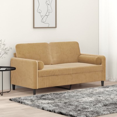 Sofá de 2 plazas con cojines terciopelo marrón 140 cm
