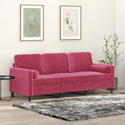 Sofá de 3 plazas con cojines terciopelo rojo tinto 180 cm