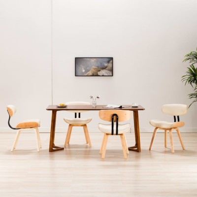 Sillas de comedor 4 uds madera curvada y cuero sintético crema