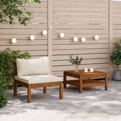 Juego de sofá 2 pzas con cojines blanco crema madera de acacia