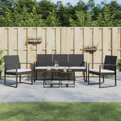 Set comedor de jardín 5 pzas con cojines PP aspecto ratán negro