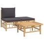 Set de muebles de jardín 3 piezas bambú con cojines gris oscuro