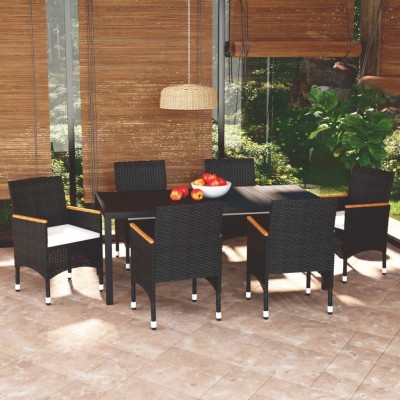 Set de comedor de jardín 7 pzas y cojines ratán sintético negro