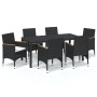 Set de comedor de jardín 7 pzas y cojines ratán sintético negro
