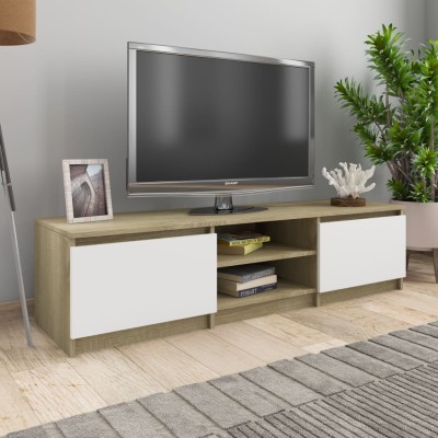 Mueble de TV madera contrachapada blanco y roble 140x40x35,5 cm