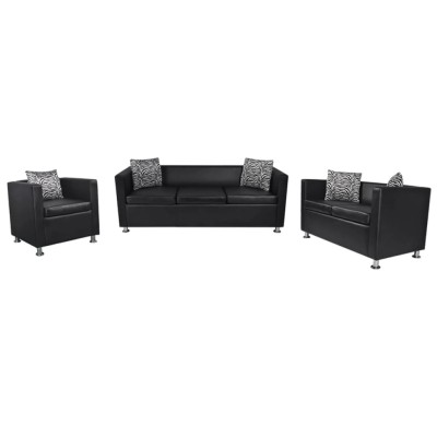 Conjunto de sofás de 2 y 3 plazas y sillón de cuero artificial negro