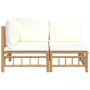 Set de muebles de jardín 2 piezas bambú y cojines blanco crema