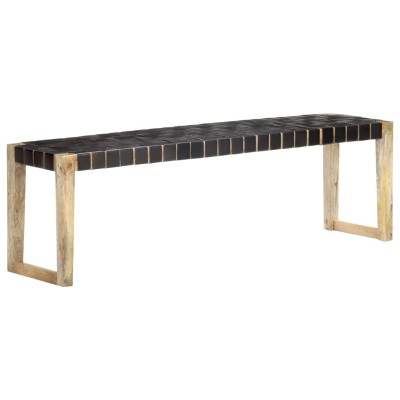 Banco de cuero auténtico negro y madera de mango maciza 150 cm