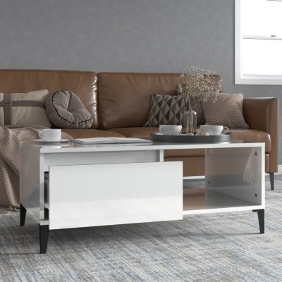 Mesa de centro madera contrachapada blanco brillo 90x50x36,5 cm