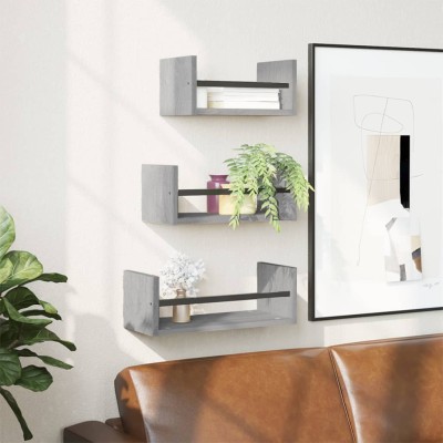 Estantes pared con barras 3 pzas madera ingeniería gris Sonoma