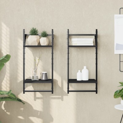 Estantes de pared 2 niveles con barras 2 uds negro 30x25x65 cm