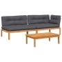 Set de sofás de palets de jardín y cojines 3 pzas madera acacia