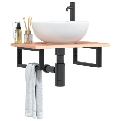 Estante de lavabo de pared de acero y madera maciza de roble