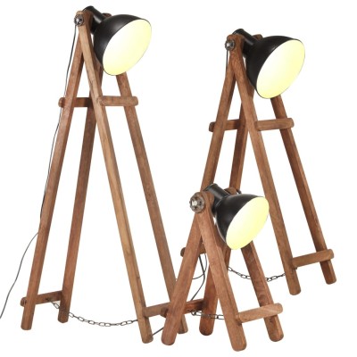 Lámpara de pie 3 pzas madera maciza de mango negro E27