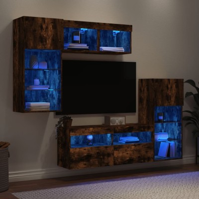 Muebles TV pared con LED 5 pzas madera ingeniería roble ahumado
