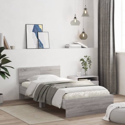Cama con cabecero madera de ingeniería gris Sonoma 100x200 cm