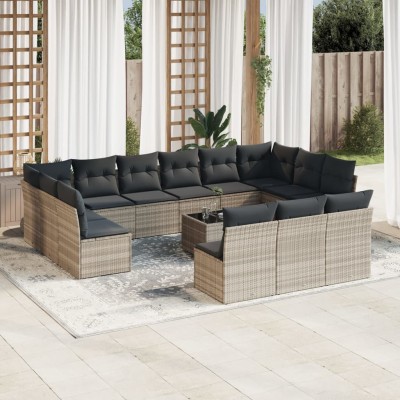 Set sofás jardín 14 pzas con cojines ratán sintético gris claro