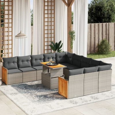 Set de sofás de jardín 11 pzas y cojines ratán sintético gris