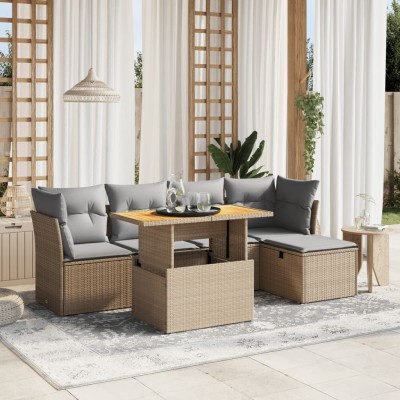 Juego de sofás jardín con cojines 6 pzas ratán sintético beige