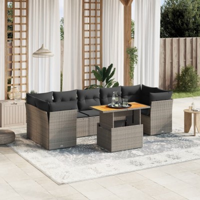 Set de sofás de jardín 8 pzas y cojines ratán sintético gris