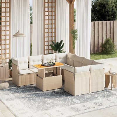 Set de sofás de jardín 9 pzas con cojines ratán sintético beige