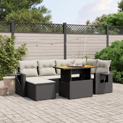 Set de comedor de jardín 7 pzas y cojines ratán sintético negro