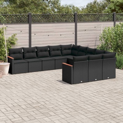 Set de sofás de jardín 11 pzas y cojines ratán sintético negro
