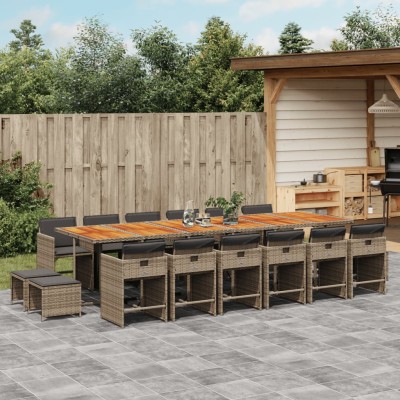 Set comedor de jardín 17 pzas y cojines ratán sintético gris