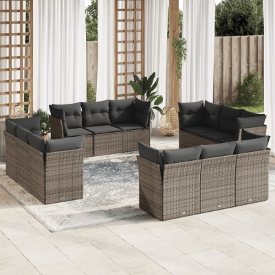 Set de sofás de jardín 12 pzas con cojines ratán sintético gris