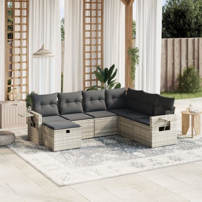Set de sofás de jardín 7 pzas con cojines ratán PE gris claro