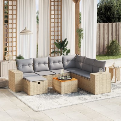Juego de sofás jardín con cojines beige mezcla 8 pzas ratán PE