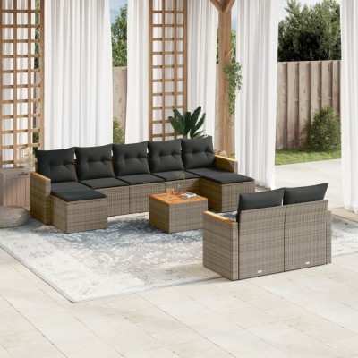 Set de sofás de jardín 10 pzas con cojines ratán sintético gris