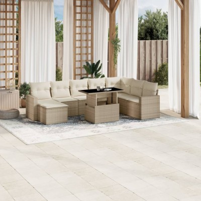 Set de sofás de jardín 9 pzas con cojines ratán sintético beige