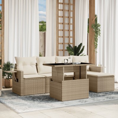 Juego de sofás jardín con cojines 6 pzas ratán sintético beige