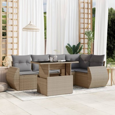 Juego de sofás jardín con cojines 6 pzas ratán sintético beige