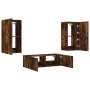 Muebles de TV de pared con luces LED 3 piezas roble ahumado