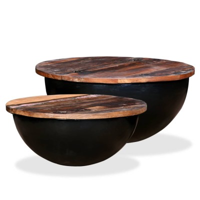 Set mesa de centro forma de bol 2 uds madera reciclada negro