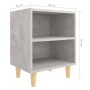 Mesita de noche patas madera maciza gris hormigón 40x30x50 cm