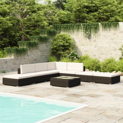 Set muebles de jardín 8 piezas y cojines ratán sintético negro