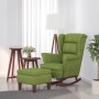 Sillón mecedora patas madera y taburete terciopelo verde claro