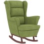 Sillón mecedora patas madera y taburete terciopelo verde claro