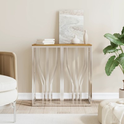 Mesa consola acero inoxidable y madera maciza acacia plateada
